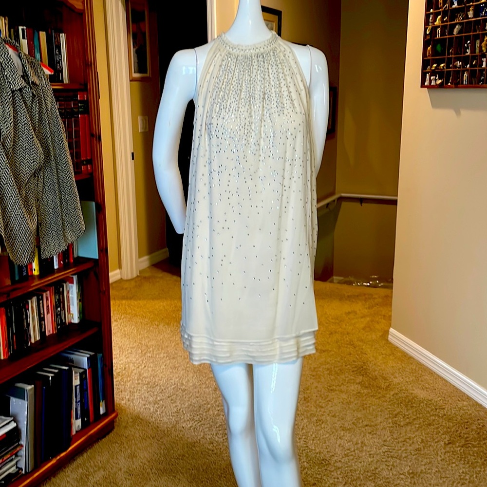 Alice + Olivia Ivory Trapeze Dress Round Neck Sleeveless Crystal Studded Front 6